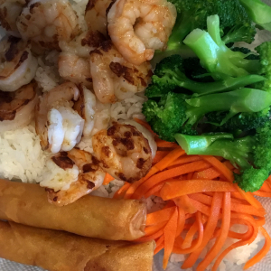 29. Charbroiled Prawns and Two Spring Rolls Rice Plate