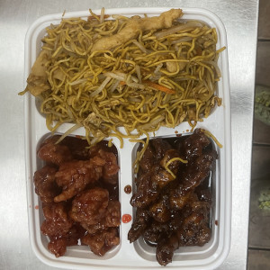 L. Chicken Chow Mein, Sweet & Sour Pork, Ginger Beef