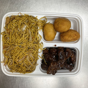H. Chicken Chow Mein, Ginger Beef, Chicken Balls