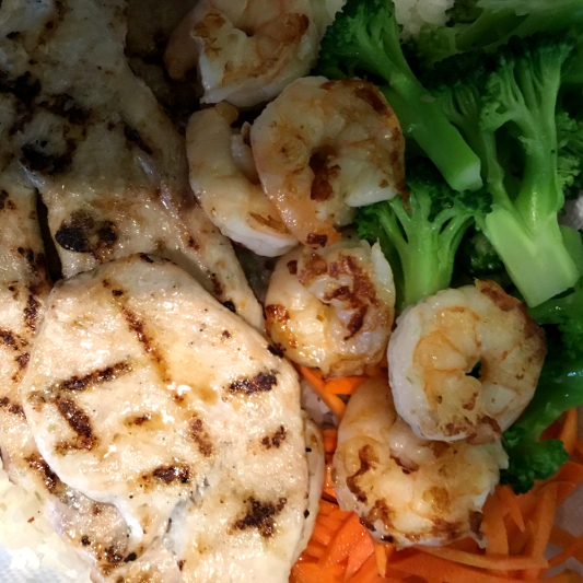 28. Charbroiled Beef, Chicken, and Prawns Rice Plate