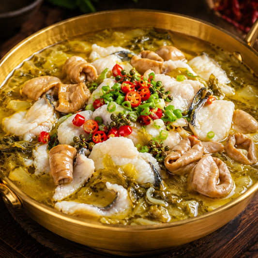 A09. Fish with Pickled Mustard Greens & Pork Intestine 肥肠酸菜鱼 (中辣)