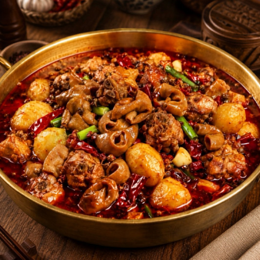 A07. Chicken with Taro & Pork Intestine 肥肠芋儿鸡 (中辣)