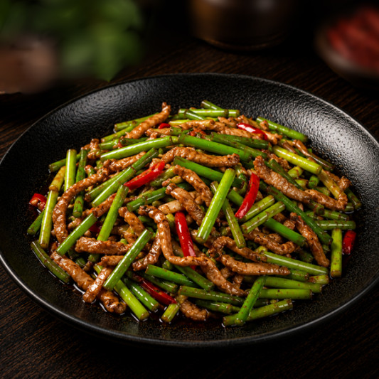 B06. Shredded Pork with Garlic Sprouts 蒜苔肉丝