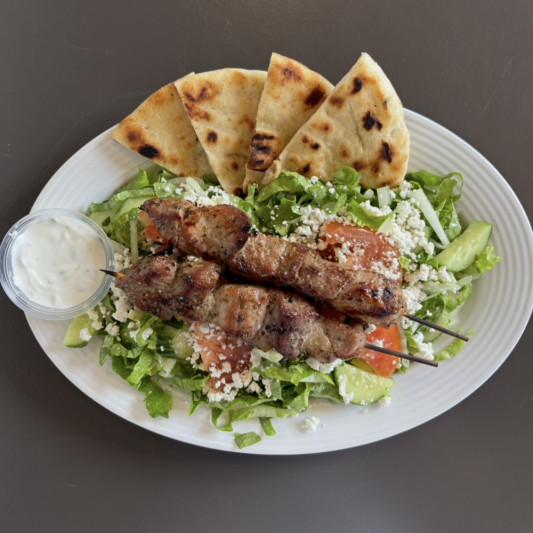 Pork Souvlaki on Greek Salad