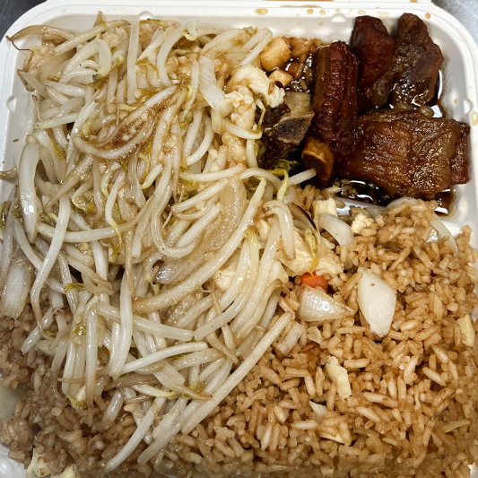 C6. Vegetables Spring Roll, Honey Garlic Spare Ribs and Chicken Chop Suey