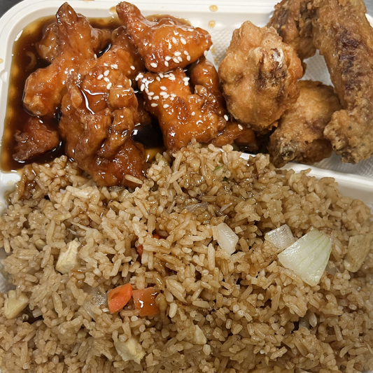C8. Vegetables Spring Roll, Fried Chicken Wings and Sesame Chicken
