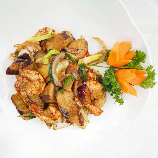 48. Stir-Fried Eggplant with Shrimps in Soy Sauce 頭抽茄子老虎蝦