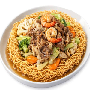 50. Stir-Fried Shrimp (2 pcs), Chicken, Pork, and Vegetables on Noodles
