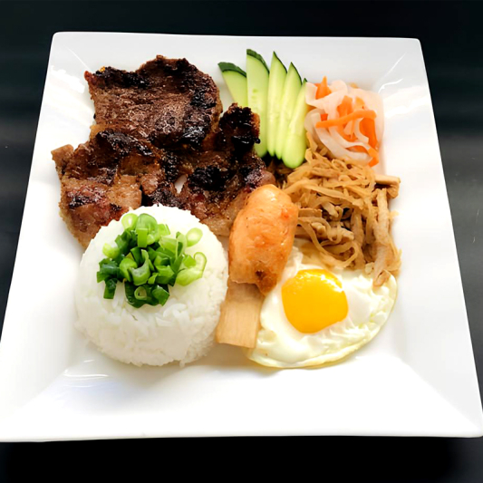 49. Pork Chop, Shredded Pork Skin, Fried Egg & Sugar Cane Shrimp on Rice