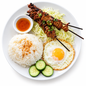 Pork BBQ Skewers (3 pcs) with Egg & Rice