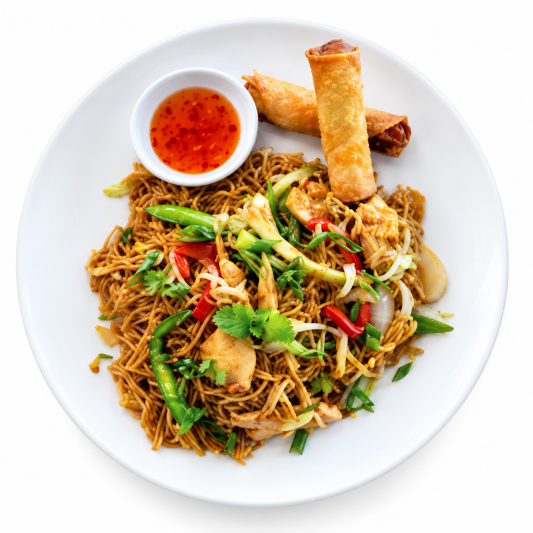 Chicken Chow Mein with 2 Spring Rolls