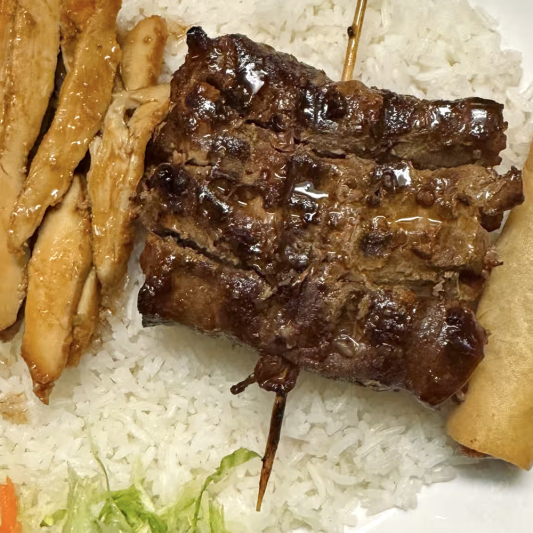57. Grilled Lemongrass Chicken, Beef Wrapped Onion, Spring Rolls (2 pcs) on Rice