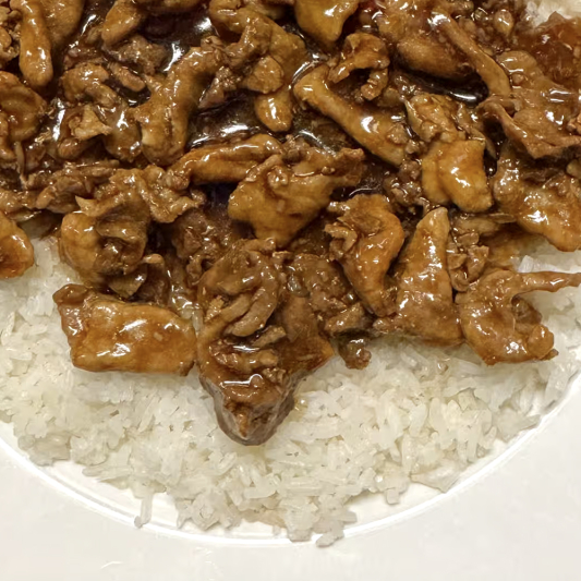 62. Charbroiled Pork and Spring Rolls (2 pcs) on Steamed Rice