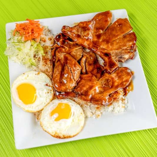 60. Grilled Pork Chops (2 pcs) and Pan Fried Eggs (2 pcs) on Steamed Rice