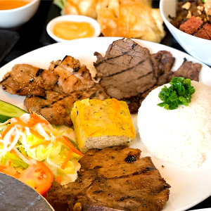 N7 Grilled Chicken, Grilled Beef, Egg Loaf, and Pork Chop on Rice (Cơm Sườn, G&agrave;, B&ograve;, Chả)