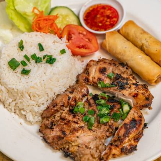 24. Grilled Lemongrass Chicken (1 pc) & Spring Roll (2 pcs) Rice