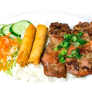 28. Grilled Chicken & Spring Rolls on Rice / Com Ga Nuong Cha Gio