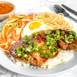 59. Grilled Lemongrass Pork Chop, Chicken, Shredded Pork Skin, & Fried Egg with Steamed Rice (Cơm Sườn, G&agrave;, B&igrave;, Trứng) (烤檸檬草豬排, 雞肉, 肉絲, 煎蛋配飯)