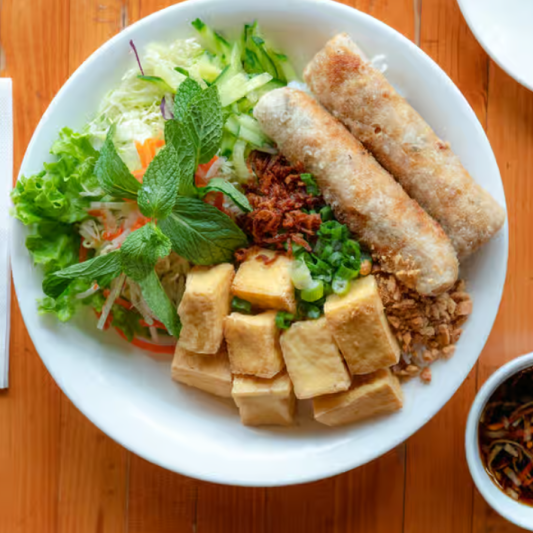 Vegetarian Tofu & Spring Rolls on Vermicelli