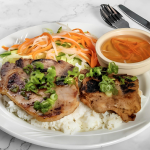56. Grilled Lemongrass Chicken & Pork Chop with Steamed Rice / Cơm Sườn, G&agrave; Nướng Sả