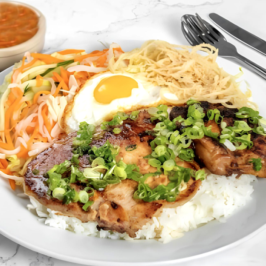 59. Grilled Lemongrass Pork Chop, Chicken, Shredded Pork Skin, & Fried Egg with Steamed Rice / Cơm Sườn, G&agrave;, B&igrave;, Trứng