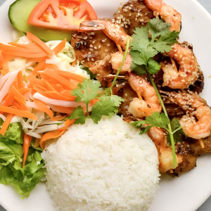 64. Rice with Grilled Prawns and Lemongrass Pork Slices