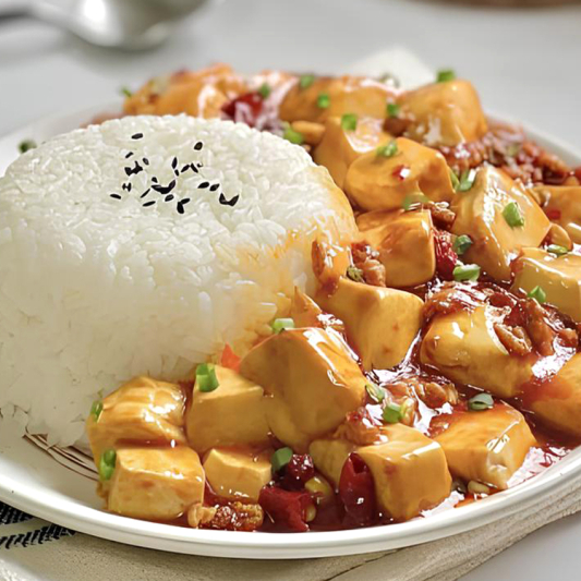 Mapo Tofu and Egg with Vegetables on Rice 麻婆豆腐时蔬饭