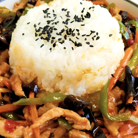 Spicy and Sweet Sour Pork with Rice and Vegetables 鱼香肉丝饭