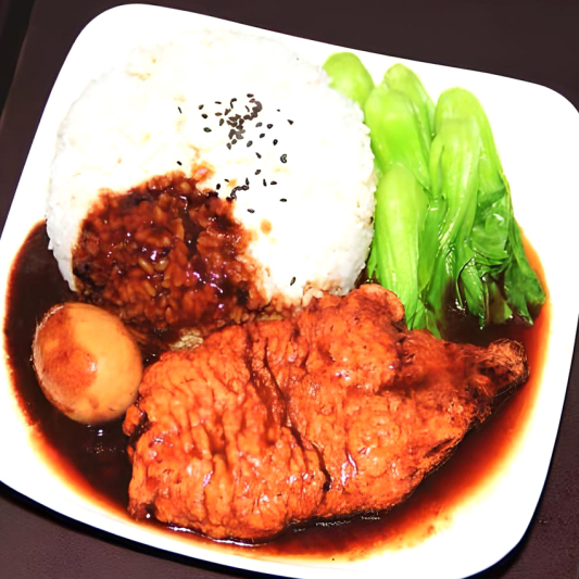 Braised Pork Ribs with Rice and Vegetables 大排素鸡饭