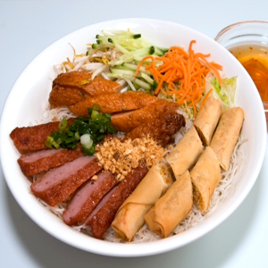 18. Grilled Shrimp Cake, Grilled Pork Meat Ball & Spring Rolls on Rice Vermicelli