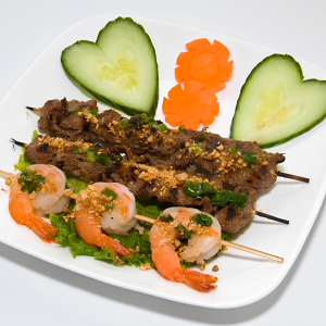 9. Beef Satay Skewers (2 pcs) & Prawn Skewer (1 pc)