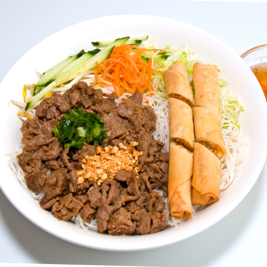 16A. Grilled Satay Beef & Spring Rolls on Rice Vermicelli