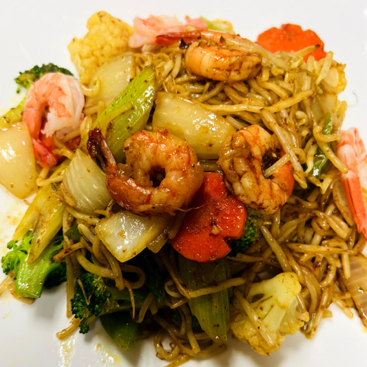 53. Stir-Fried Prawn with Vegetables on Soft Egg Noodles