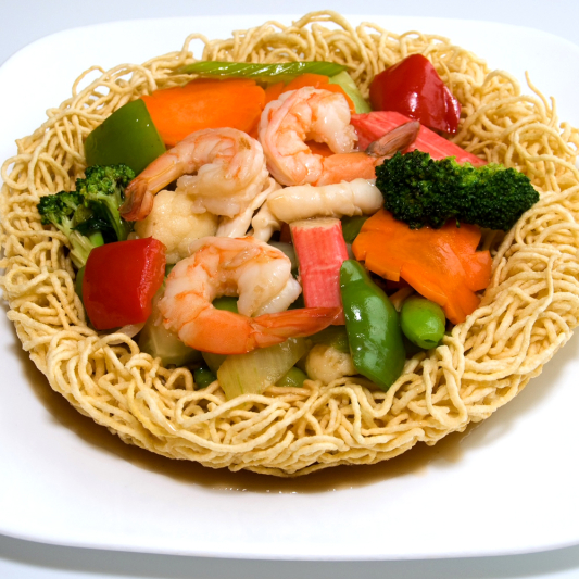 57. Stir-Fried Seafood with Vegetables on Crispy Egg Noodles