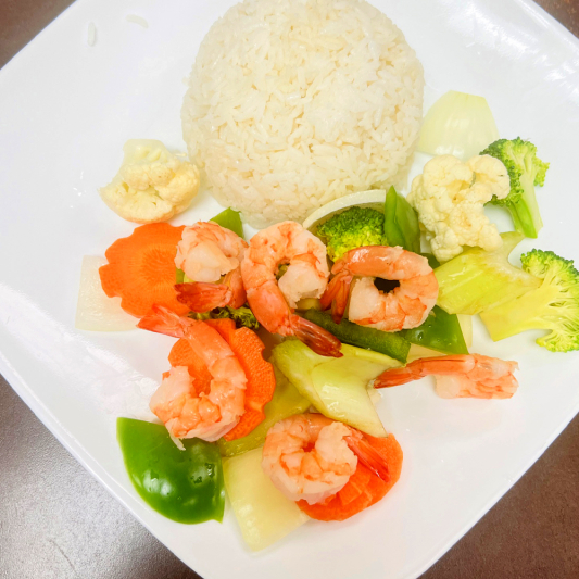 G3. Gluten-Free Lemongrass Prawn with Vegetables on Steamed Rice