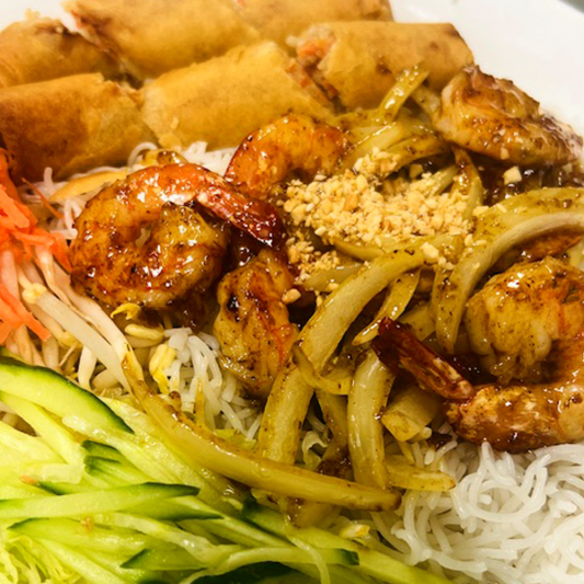 24. Stir Fried Satay Prawn & Spring Rolls on Rice Vermicelli