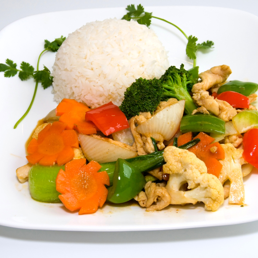 49. Stir-Fried Lemongrass Chicken Breast with Vegetables on Steamed Rice
