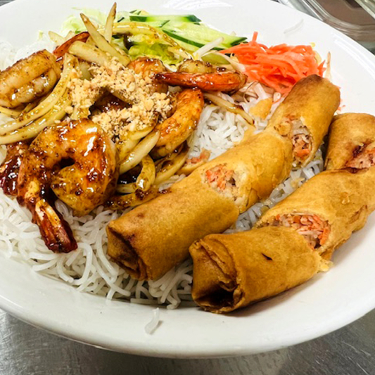 23. Stir-Fried Lemongrass Prawn & Spring Rolls on Rice Vermicelli