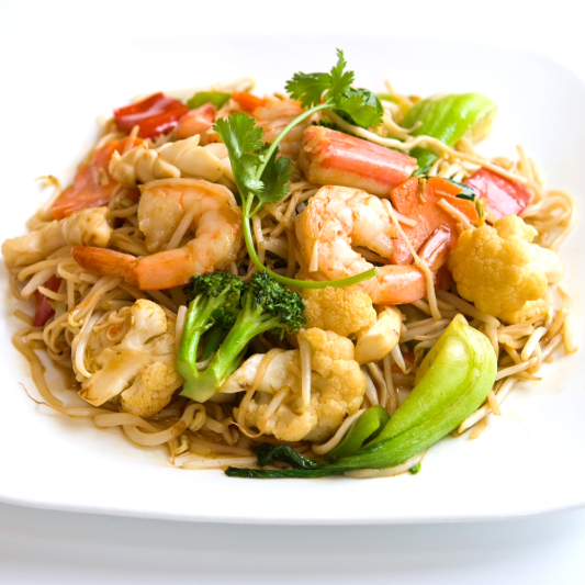 56. Stir-Fried Seafood with Vegetables on Soft Egg Noodles