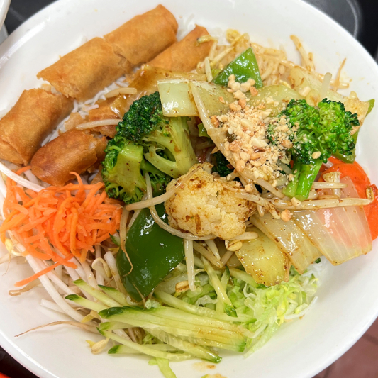 64A. Stir-Fried Satay Vegetable Spring Rolls on Vermicelli
