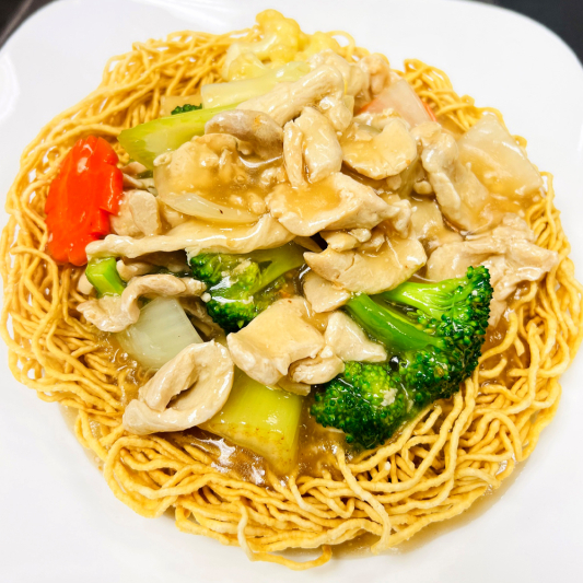 60. Stir-Fried Chicken Breast with Vegetables & Crispy Egg Noodles