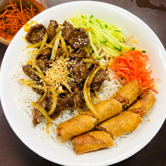 20. Stir-Fried Satay Beef & Spring Rolls on Rice Vermicelli