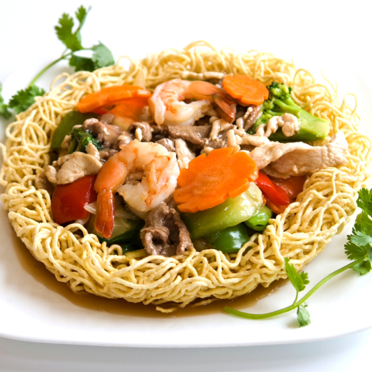 61. Stir-Fried Prawn, Chicken Breast, Beef with Vegetables & Crispy Egg Noodles