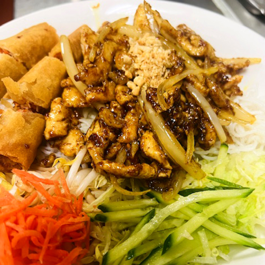 22. Stir Fried Satay Chicken & Spring Rolls on Rice Vermicelli