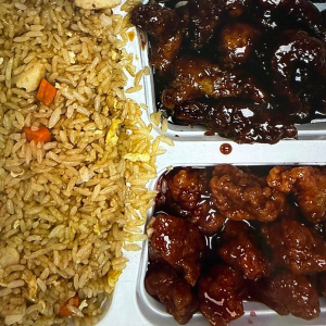 E. Chicken Fried Rice, Ginger Beef, Sweet & Sour Pork