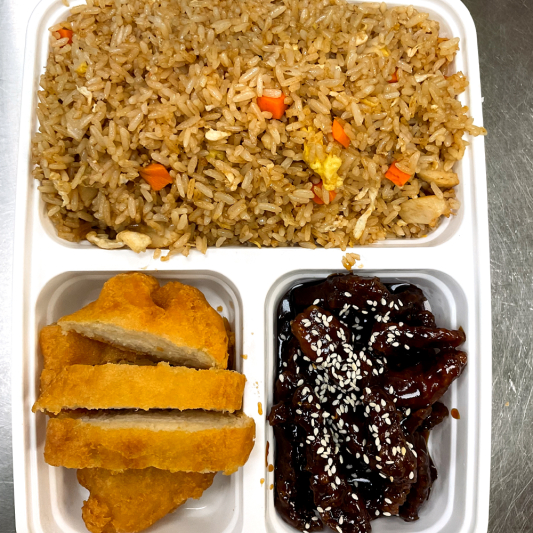 F. Chicken Fried Rice, Lemon Chicken, Ginger Beef