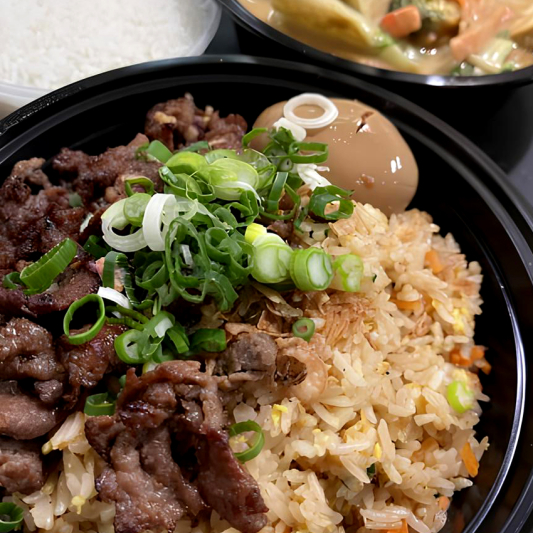 Fried Rice with Egg and Beef Skewer