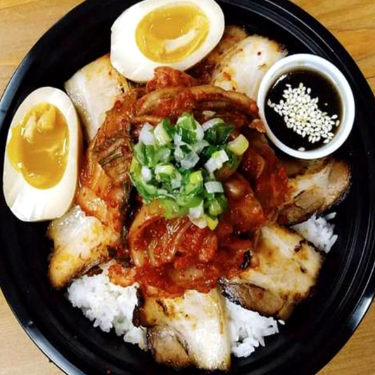 Pork Belly, Egg, Kimchi Rice Bowl