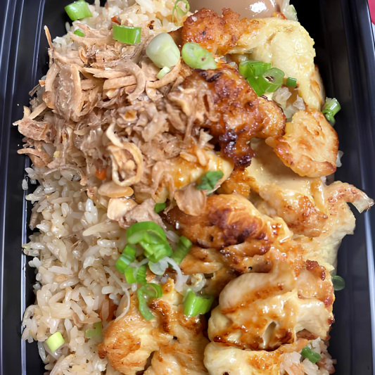 Fried Rice with Egg and Chicken Skewer 