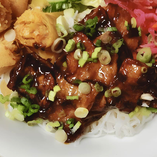 Vegan Meat, Spring Roll, and Salad